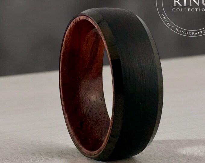 Black Tungsten and Wood Inside Ring Band for Men or Women, Black Brushed Tungsten and Rosewood Wedding Band for Him or Her, Christmas Gift