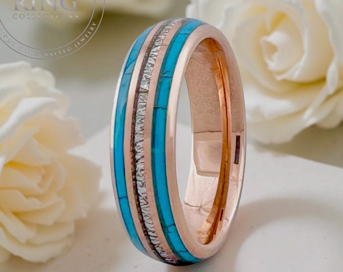 Rose Gold Turquoise and Meteorite Tungsten Ring Wedding Band for Men Woman. 8mm and/or 6mm in Sizes 5 to 15, half sizes available