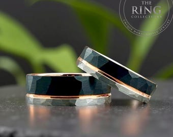 Hammered Black Silver and Rose Gold Tungsten Carbide Ring Wedding Band for Men Women, Available in 4mm 6mm 8mm and Half Sizes 4 to 15