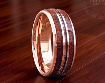 Rose Gold Tungsten Wedding Band Ring with Guitar String and Double Wood Inlay for Men Women, 6mm 8mm, Sizes 4 to 15, Half Sizes Available