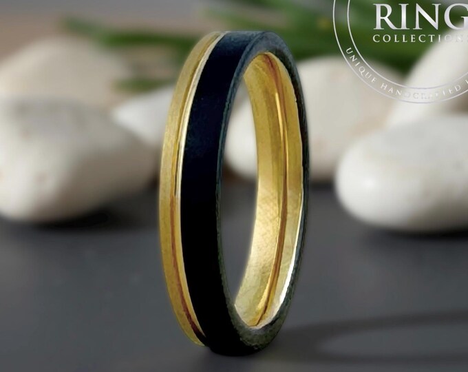 Black & Gold Tungsten Wedding Band - Brushed Two Tone Comfort Fit