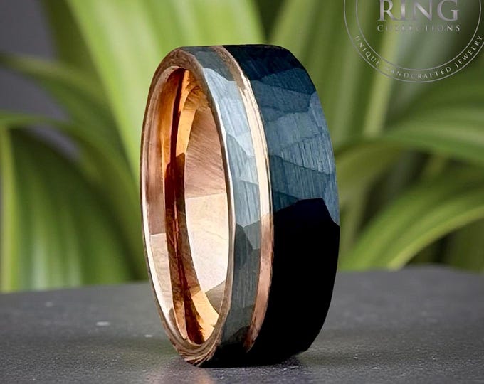 Hammered Black Silver and Rose Gold Tungsten Carbide Ring Wedding Band for Men Women, Available in 4mm 6mm 8mm and Half Sizes Available