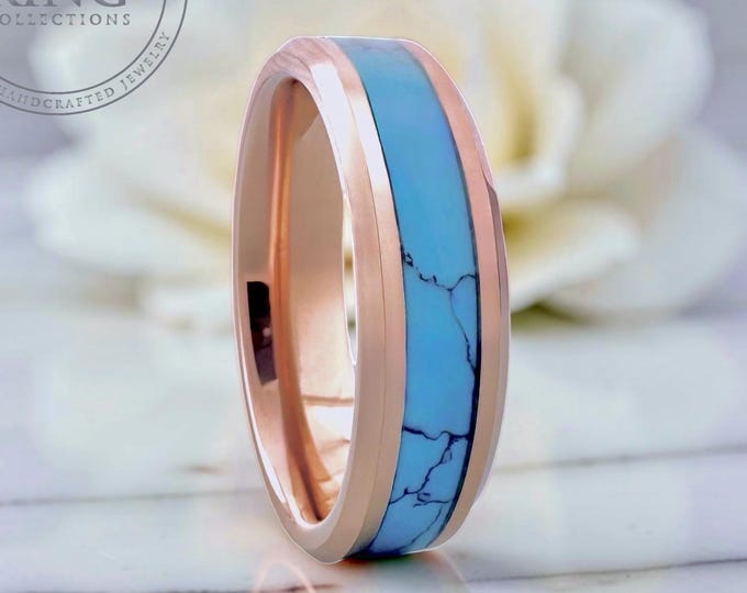Turquoise Ring for Women or Men Rose Gold Wedding Band Tungsten Polished Ring Husband Anniversary Ring Fiancé Engagement Ring 8mm 6mm 4mm