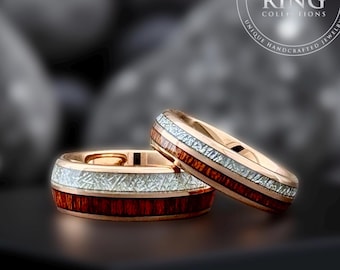 Rose Gold Tungsten Wedding Band Ring with Wood and Meteorite Inlay for Men Women, 4MM 6MM 8MM, Half Sizes Available, Domed, Comfort Fit