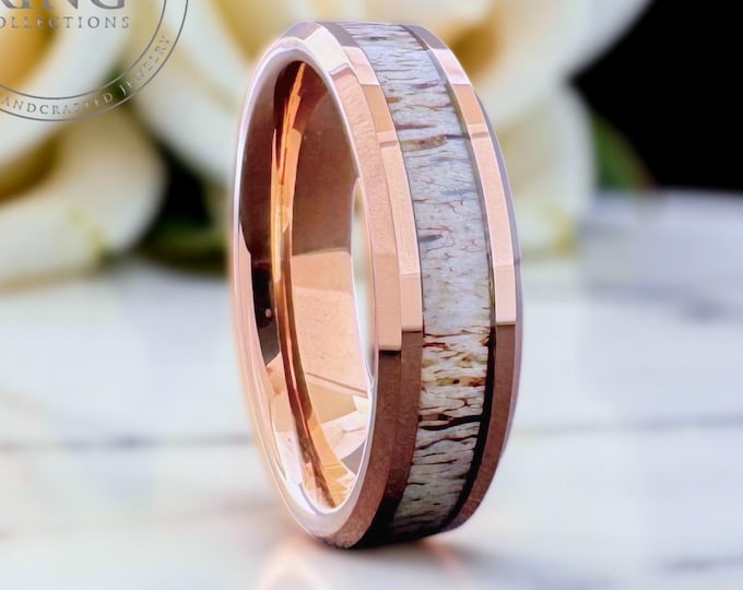 Rose Gold Tungsten Deer Antler Ring | Rose Gold Men's Wedding Band | Mothers Day Gift