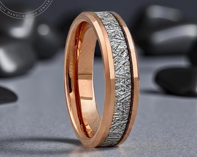 Mens Rose Gold Tungsten Wedding Band Ring with Meteorite Inlay Thick and Thin Width 6mm