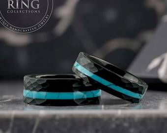 Black Hammered Tungsten Ring with Turquoise Inlay, Black Wedding Band Men Women, Turquoise Ring Wedding Band, 4MM 6MM 8MM, Christmas Gift