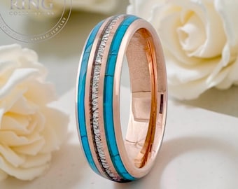 Rose Gold Turquoise and Meteorite Tungsten Ring Wedding Band for Men Woman. 8mm and/or 6mm in Sizes 5 to 15, half sizes available