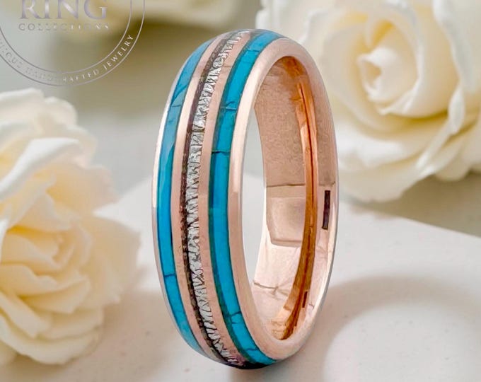 Rose Gold Turquoise and Meteorite Tungsten Ring Wedding Band for Men Woman. 8mm and/or 6mm in Sizes 5 to 15, half sizes available