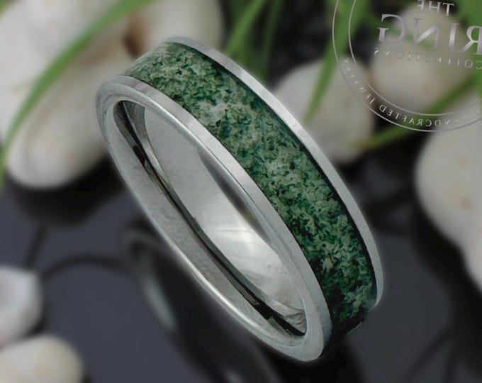 Moss Agate Tungsten Wedding Band: Gray Silver Ring for Men or Women