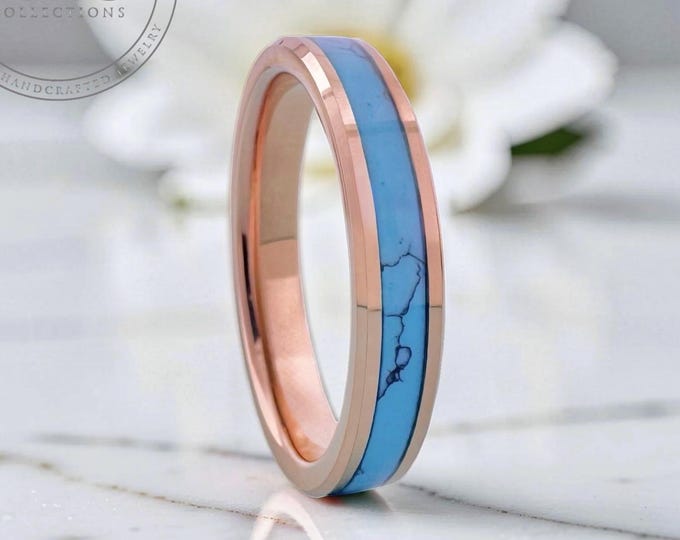 Thin Rose Gold Tungsten Ring with Turquoise Inlay, Womens Wedding Band, Mothers Day Gift