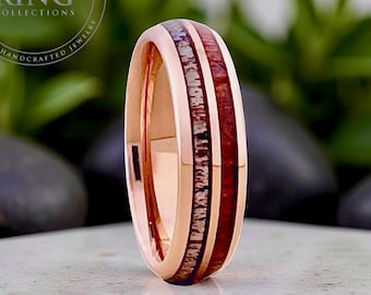 Rose Gold Tungsten Ring Wedding Band with Deer Antler and Koa Wood for Men and Women. Half Sizes available 4 to 15 in 4mm 6mm 8mm.