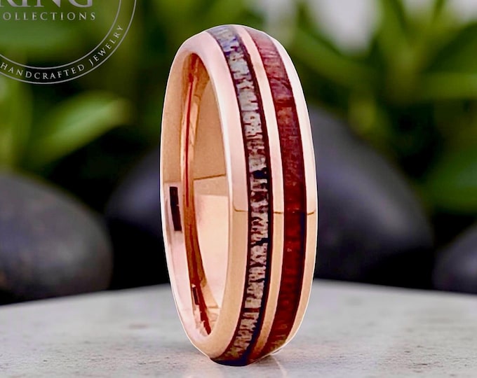 Rose Gold Tungsten Ring Wedding Band with Deer Antler and Koa Wood for Men and Women. Half Sizes available 4 to 15 in 4mm 6mm 8mm.