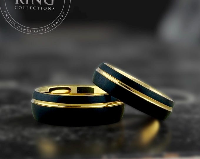 Black Tungsten Carbide Ring Wedding Band with Gold Groove and Inside for Men or Women, Domed and Matte Brushed Surface, Half Sizes Available