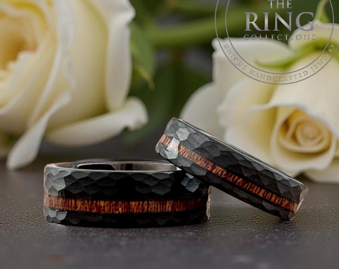 Hammered Black Tungsten Ring: Koa Wood Inlay, Comfort Fit (4mm 6mm 8mm)