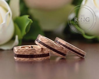 Rose Gold Hammered Tungsten Ring, Koa Wood Inlay, His And Hers Wedding Band