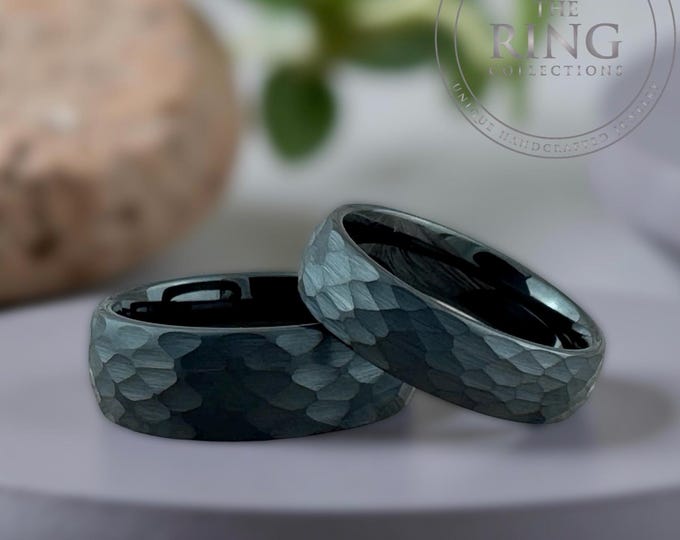 Black Hammered Tungsten Ring for Men Women, Black Obsidian Wedding Band Ring, Black Ring, Black Ring Band for Men, 8MM 6MM 4MM, Half Sizes