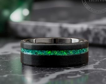 Black Tungsten Ring, Green Opal Inlay, 8MM Wedding Band