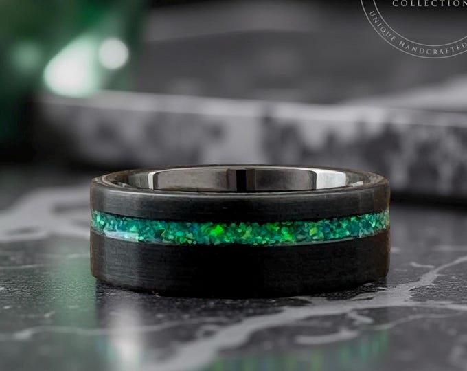 Black Tungsten Ring, Green Opal Inlay, 8MM Wedding Band