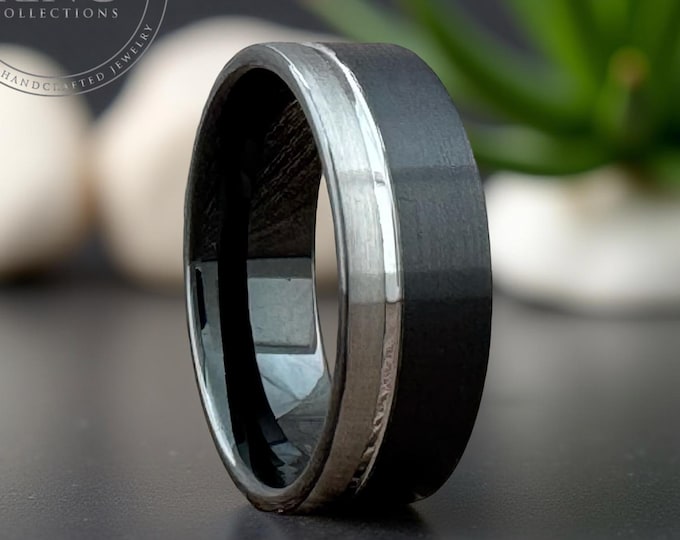 Men Black Silver Tungsten Ring Women Wedding Band Black Obsidian and Silver Gray Brushed Wedding Anniversary Band His and Hers Ring