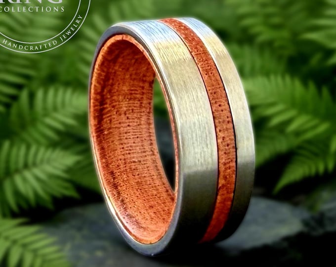 Mens Luxury Grey Tungsten Ring with Wood Inlay, 8mm Anniversary Wedding Band Rosewood 8MM Comfort Fit