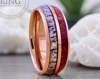 Rose Gold Tungsten Ring Wedding Band with Deer Antler and Koa Wood for Men and Women. Half Sizes available 4 to 15 in 4mm 6mm 8mm.