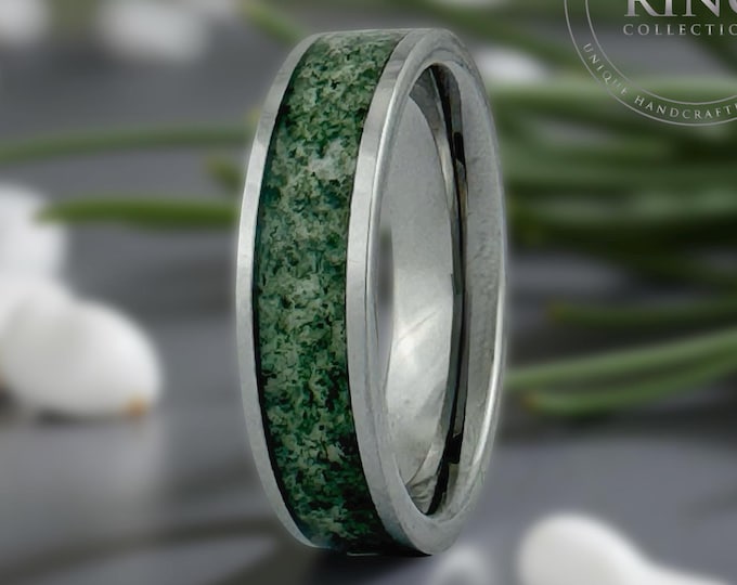 Moss Agate Ring Wedding Band for Men Women, Green Moss Agate Ring Band, Silver Wedding Band, Couples Wedding Band, Unique ring, Fathers Day