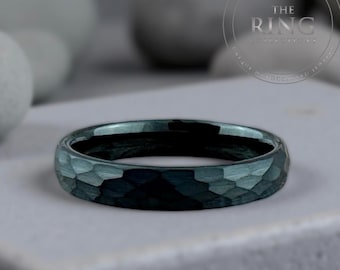 Thin Hammered Black Tungsten Wedding Band, Brushed Finish Anniversary Ring
