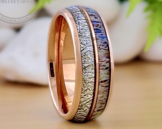 Deer Antler Meteorite Rose Gold Tungsten Band Ring for Men Women, Rose Gold Wedding Band, Tungsten Ring Band, Meteorite Deer Antler Inlay