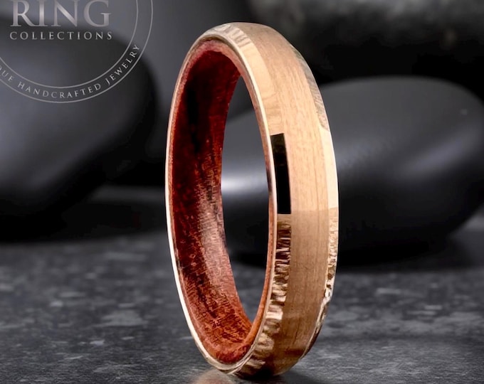 Thin Wood Engagement Ring for Man Rose Gold Tungsten Wedding Band, Unique 4mm Design