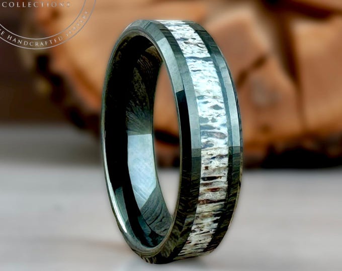 Deer Antler Black Tungsten Ring For Men Women Engagement Proposal Wedding Band Unique Anniversary Gift