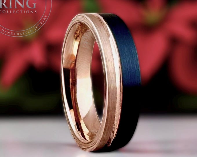 Black and Rose Gold Tungsten Carbide Ring Wedding Band for Men Women, Available in 4MM 6MM 8MM and Half Sizes