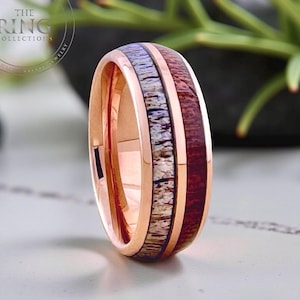 Roségouden wolfraam jubileumband met hertengewei en ingelegde koahouten ring