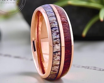 Rose Gold Tungsten Ring Wedding Band with Deer Antler and Koa Wood for Men and Women. Half Sizes available 4 to 15 in 4mm 6mm 8mm.