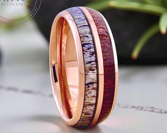 Rose Gold Tungsten Ring Wedding Band with Deer Antler and Koa Wood for Men and Women. Half Sizes available 4 to 15 in 4mm 6mm 8mm.