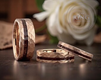 Hammered Rose Gold Wedding Band Men Women Tungsten Ring with Wood Inlay 4MM, 6MM, 8MM, Engagement Wedding Band His and Hers Ring Set