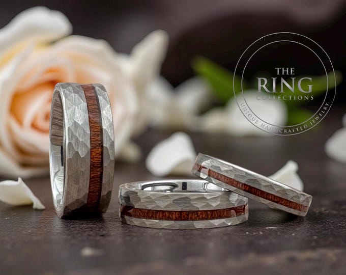 Silver Hammered Tungsten Ring wit Wood Inlay for Men, Gray Wedding Band for Men, Grey Tungsten Ring Band, Silver Wedding Band for Men Women