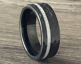 Black Tungsten Ring Band for Men, Hammered Tungsten Ring Wedding Band for Men, Tungsten Ring for Men, Deer Antler Ring, Antler Ring for Men