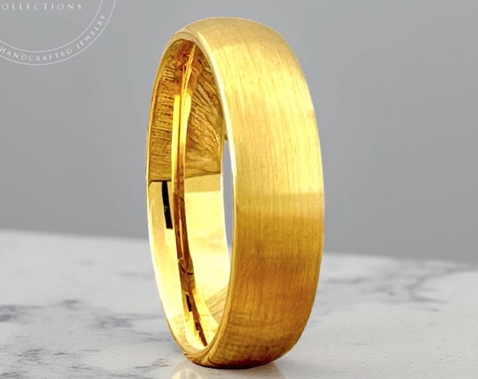 Men Women Gold Ring Tungsten Wedding Band Brushed Domed Ring His and Hers Engagement Proposal Ring 4mm 6mm 8mm Anniversary Gift