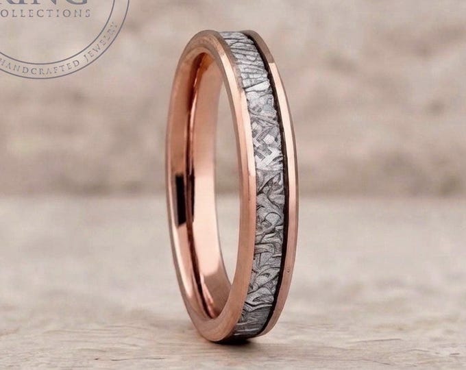 Thin Rose Gold Tungsten Ring Meteorite Inlay Men Women Wedding Band 4mm 6mm