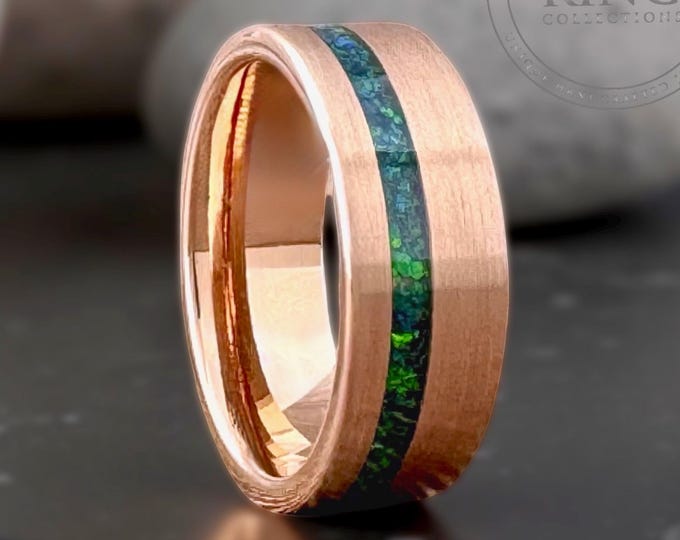 8MM Rose Gold Tungsten Carbide Ring Wedding Band with Green Opal for Men and Women, Perfect Gift for Him and Her on Anniversary and Birthday