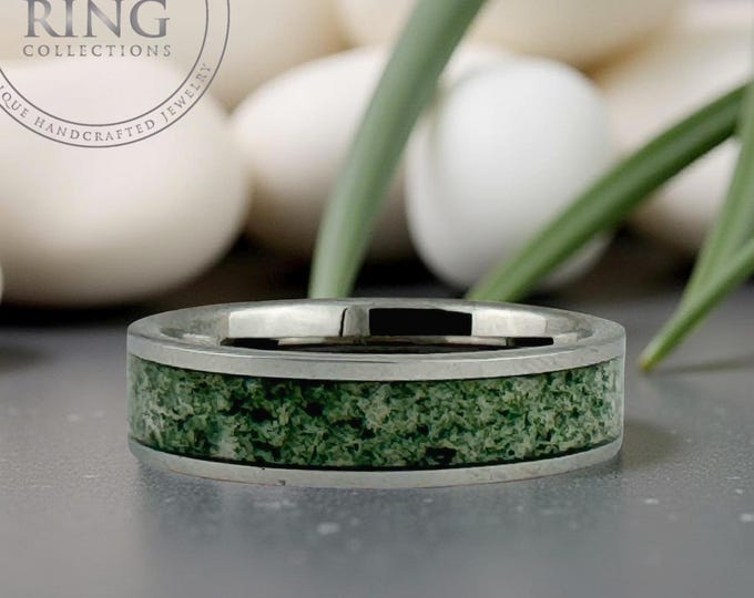 Moss Agate Tungsten Carbide Ring Wedding Band for Men Women, 6MM Silver Wedding Band, Green Moss Agate, Couples Wedding Band, Fathers Day