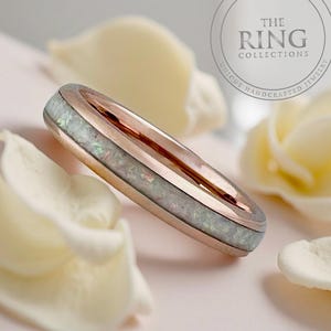 Rose Gold Tungsten Ring with Crushed White Fire Opal for Woman, 4mm Thin Rose Gold Tungsten Wedding Band, Unique Anniversary Ring Gift Her