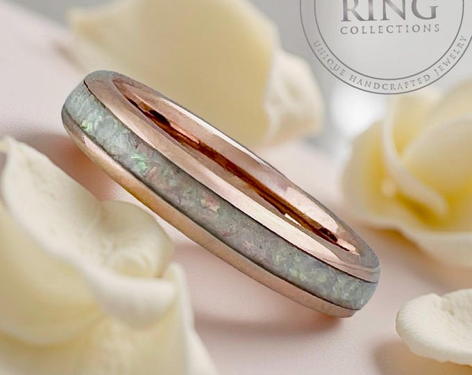 4mm Rose Gold Tungsten Carbide Ring Wedding Band with Crushed White Fire Opal for Woman Men, Unique Anniversary Ring Gift for Her Him