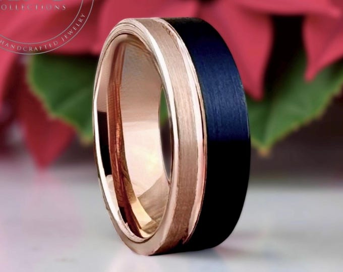 Black and Rose Gold Tungsten Carbide Ring Wedding Band for Men Women, Available in 4MM 6MM 8MM and Half Sizes