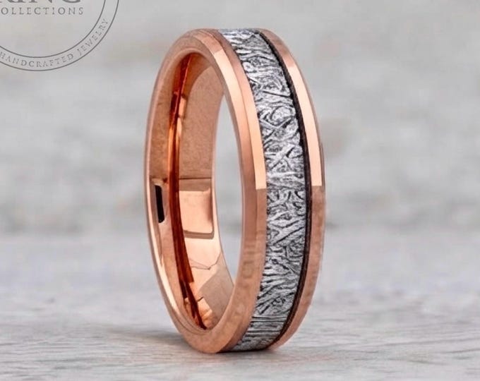 Rose Gold Wedding Band with Meteorite Inlay, Mens Tungsten Ring, Anniversary Gift, Mothers Day Gift