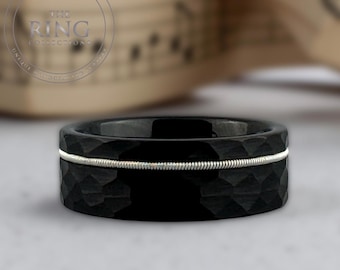 8mm Black Hammered Tungsten Ring Wedding Band with Guitar String Inlay for Men Women. Sizes 5 to 15 (half sizes available).