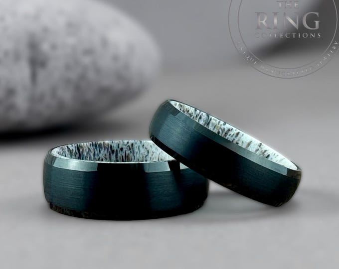 Black Tungsten Ring Wedding Band with Deer Antler Interior for Men and Women. Half Sizes available 4 to 15 in 6mm and 8mm.