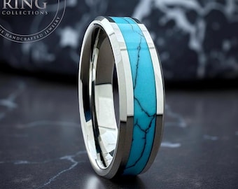 Grey Tungsten Ring Men Wedding Band Turquoise Inlay Women Marriage Ring Silver Color Polished Beveled Finish Available in 4MM 6MM 8MM