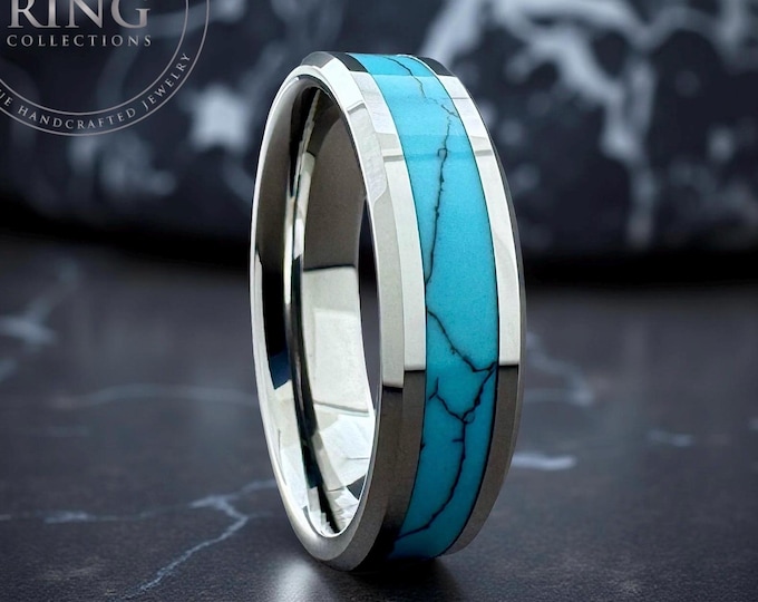 Grey Tungsten Ring Men Wedding Band Turquoise Inlay Women Marriage Ring Silver Color Polished Beveled Finish Available in 4MM 6MM 8MM